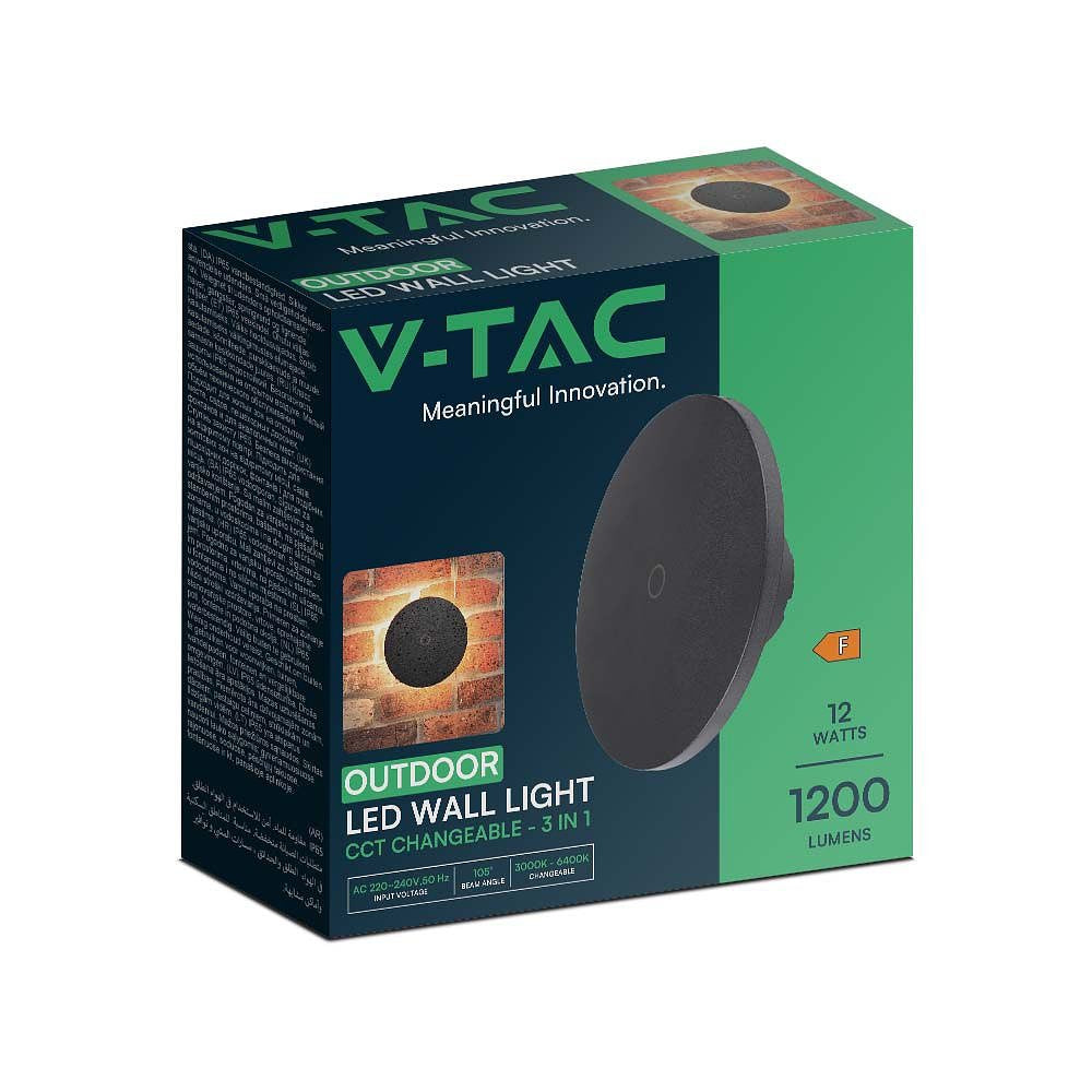 V-TAC VT-83012-B Round LED Wall Lights - CCT - Changeable - IP65 - Black - 12W - 1200 Lumens - 3IN1