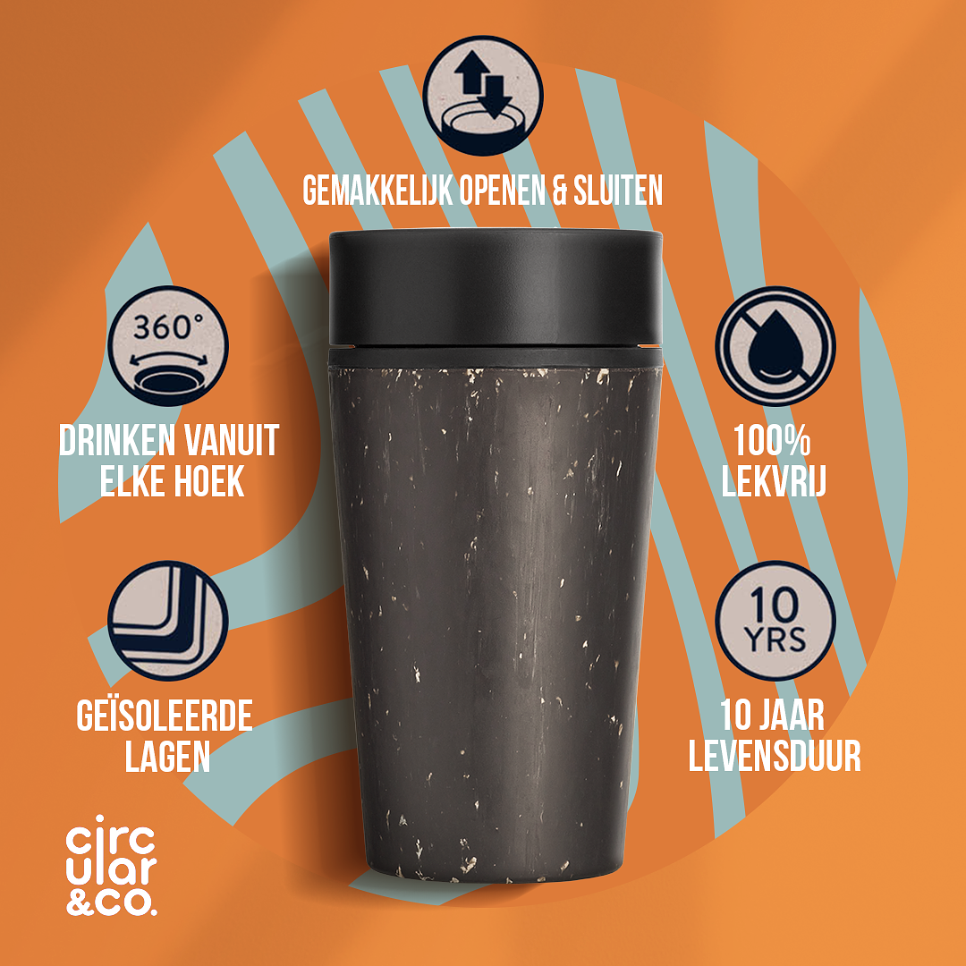 Circular&Co. Coffee mug To Go - Insulated and Leakproof Travel Cup - Black and Cosmic Black - 340ml