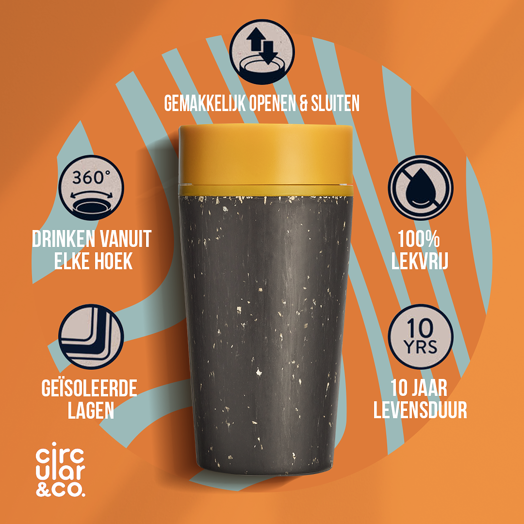 Circular&Co. Coffee mug To Go - Insulated and Leakproof Travel Cup - Black and Mustard - 340ml
