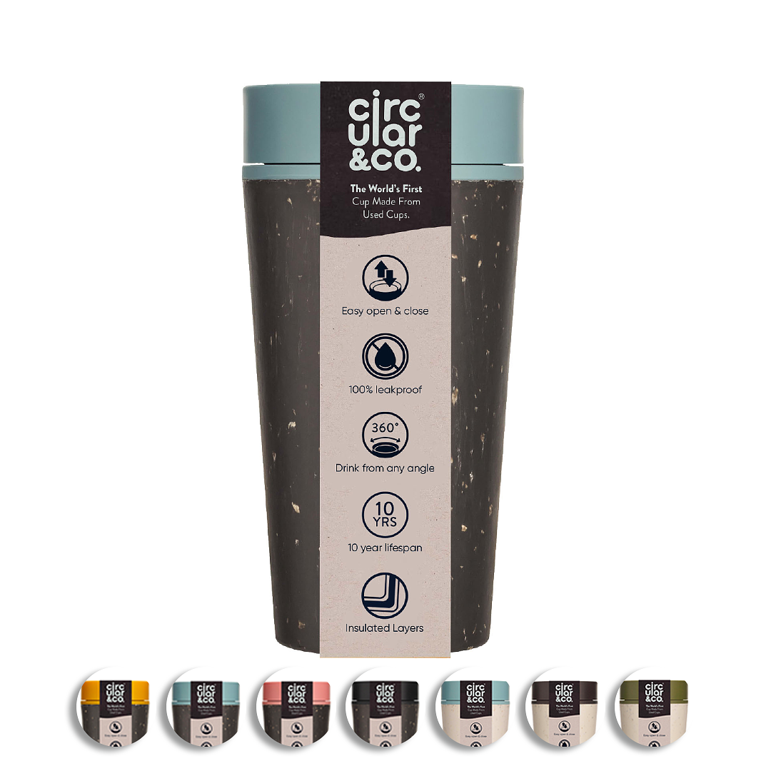 Circular&Co. Coffee mug To Go - Insulated and Leakproof Travel Cup - Black and Faraway Blue - 340ml