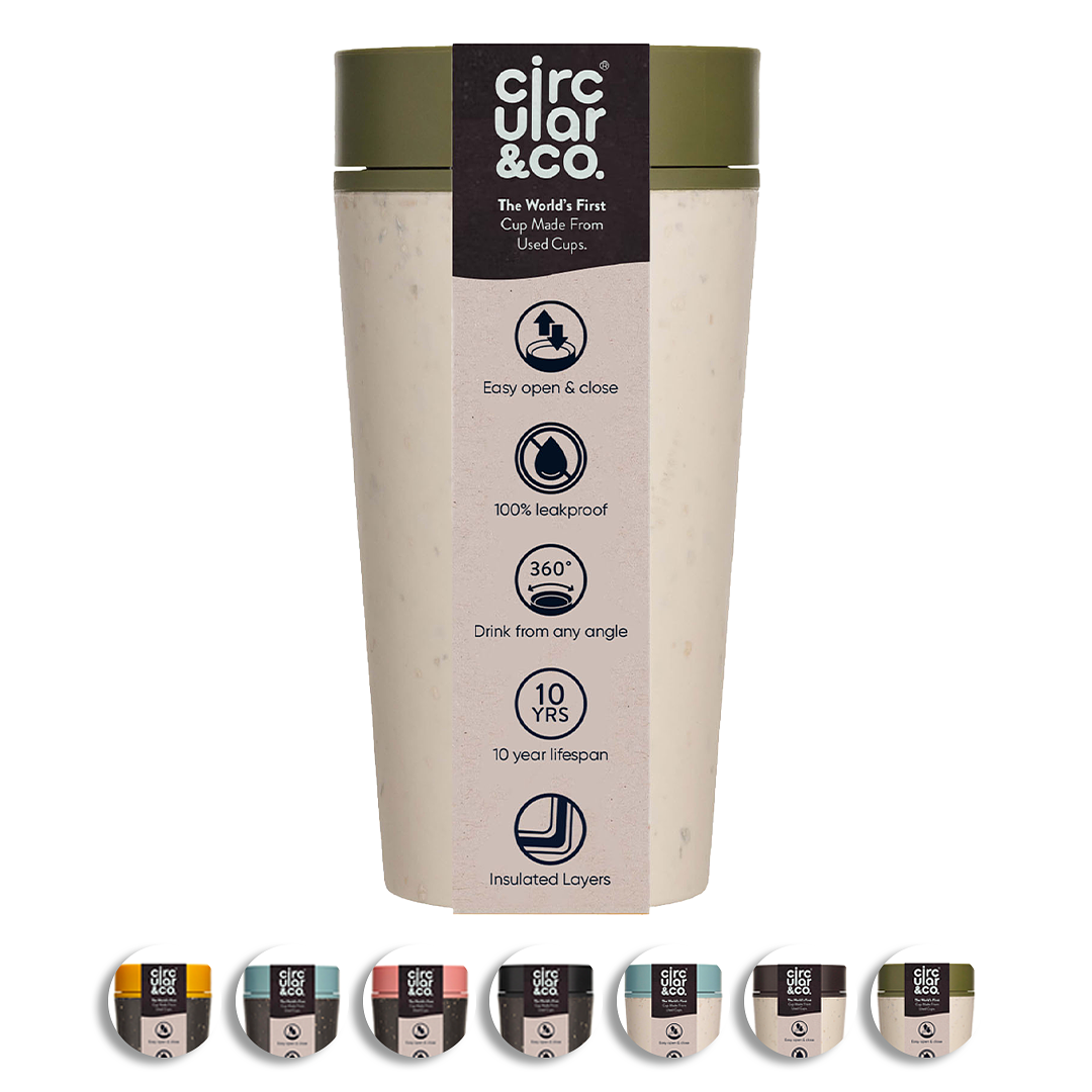 Circular&Co. Coffee mug To Go - Insulated and Leakproof Travel Cup - Cream and Honest Green - 340ml