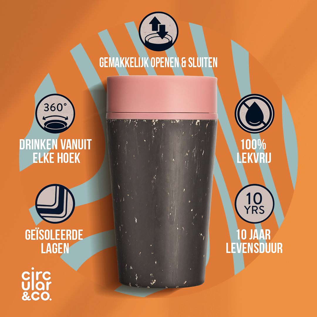 Circular&Co. Coffee mug To Go - Insulated and Leakproof Travel Cup - Black and Giggle Pink - 340ml