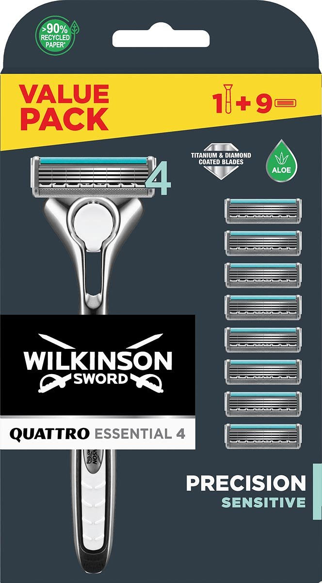 Wilkinson Quattro Essential 4 Sensitive scheermes, inclusief 8 navullingen