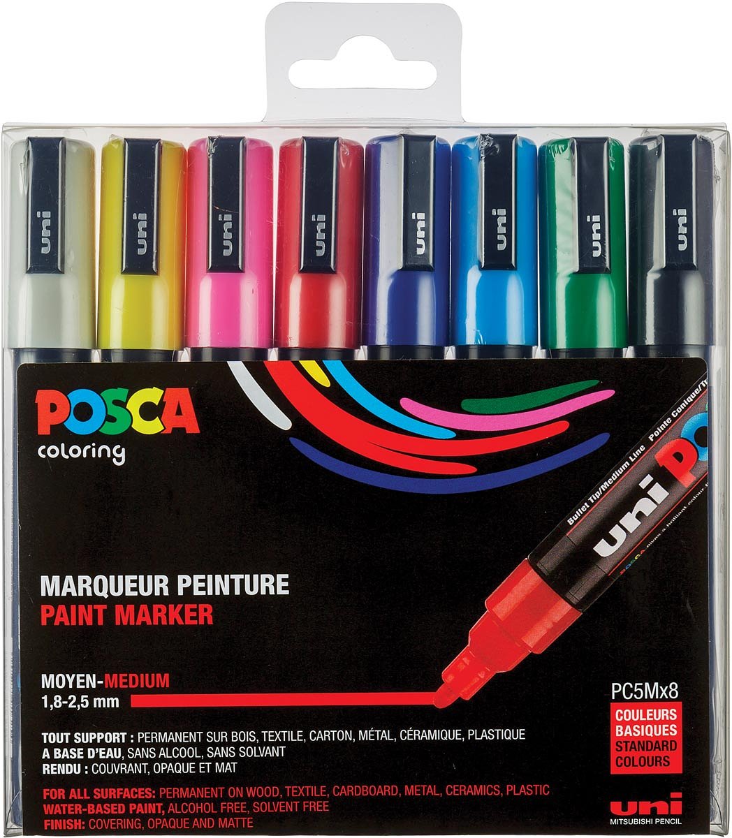 Posca paintmarker PC-5M, set van 8 markers in geassorteerde basiskleuren