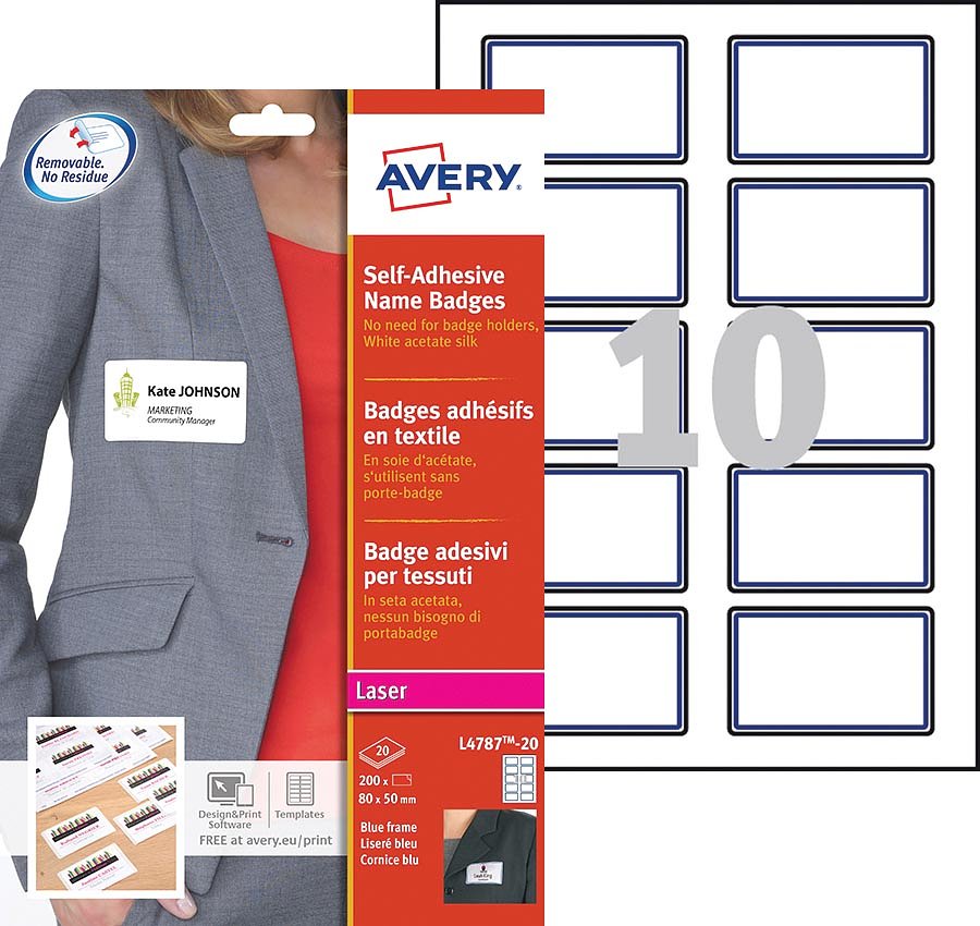 Avery L4787-20 zelfklevende badge ft 80 x 50 mm, doos van 200 stuks, wit/blauw