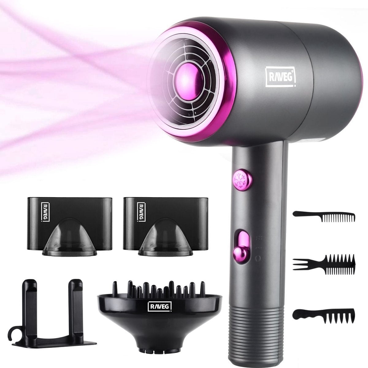 RAVEG Ionic Hair Dryer with Diffuser - 2000W - Gray and pink