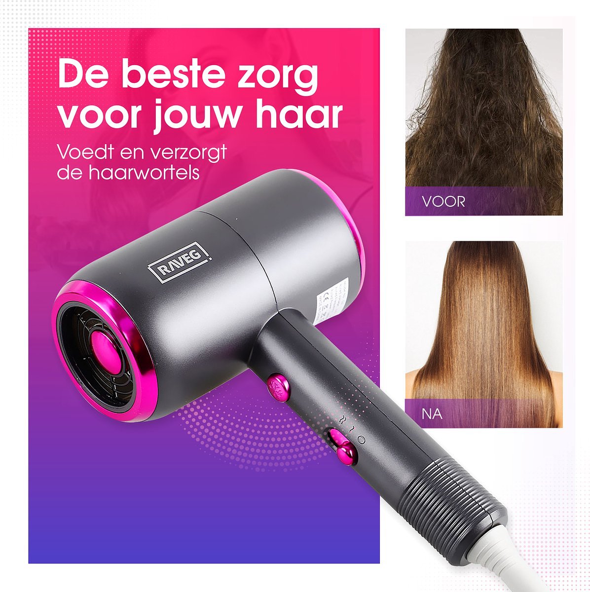 RAVEG Ionic Hair Dryer with Diffuser - 2000W - Gray and pink