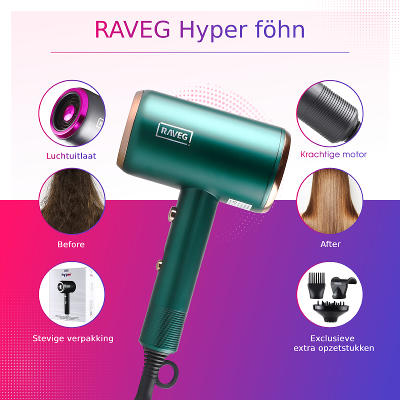 RAVEG Hyper Ionische Fohn met Diffuser - 2000W Haardroger - Groen