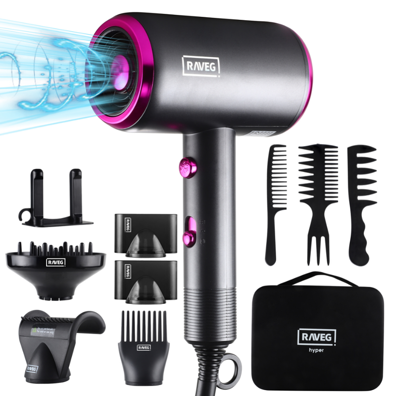 RAVEG Hyper Ionic Hair Dryer with Diffuser - 2000W - Gray and pink