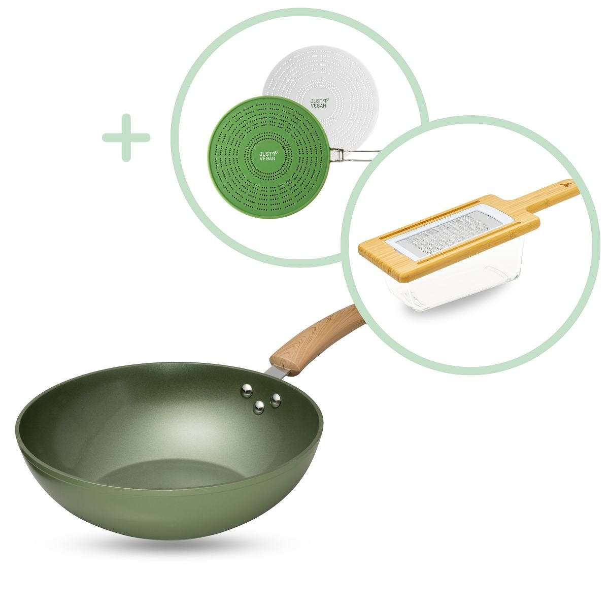 Just Vegan 3delige set Eco Wokpan, Mandoline en Spatdeksel