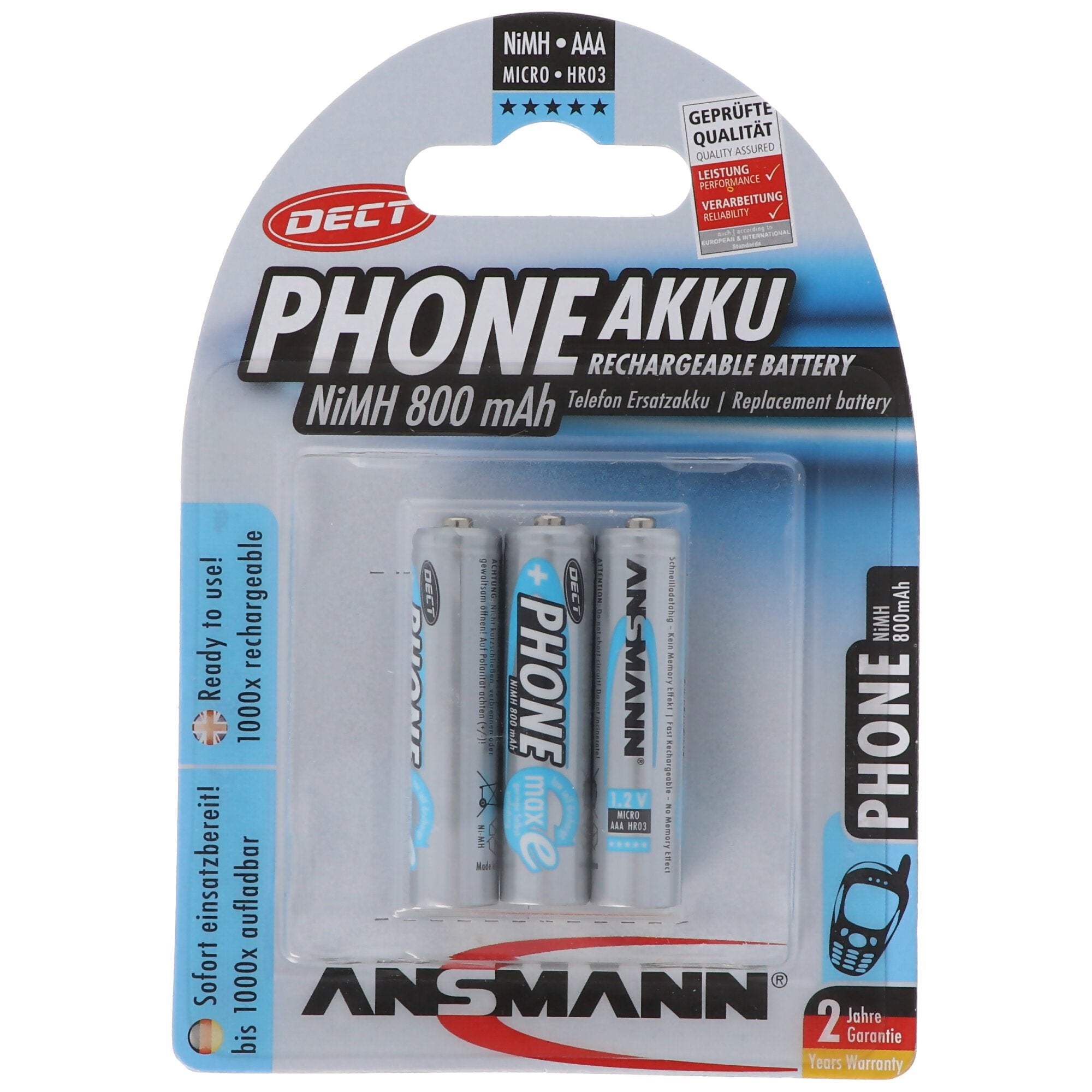 Phone battery AAA NiMH 800mAh ideal for cordless DECT phone