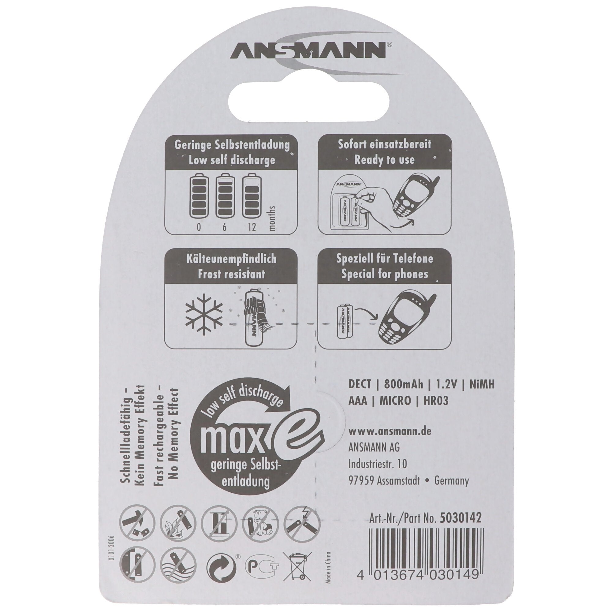 Phone battery AAA NiMH 800mAh ideal for cordless DECT phone