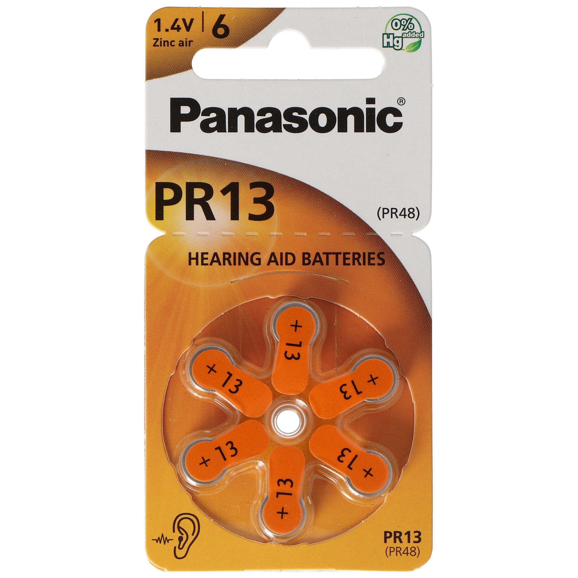 Panasonic PR13 hearing aid batteries PR-13 / 6LB, hearing aid cells 13 Zinc Air 6er wheel
