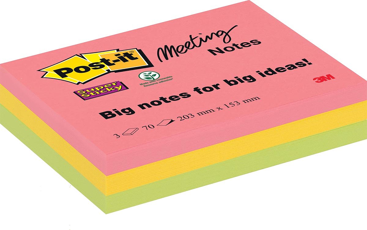 Post-it Super Sticky Meeting notes, 70 vel, ft 203 x 153 mm, geassorteerde kleuren, pak van 3 blokke
