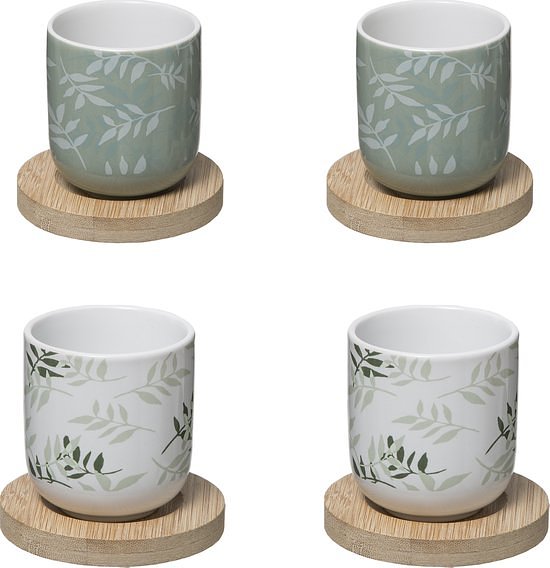 Secret de gourmet koffie of thee kopjes set 4 stuks met onderzetter van bamboe - Groen - 13 cl - In