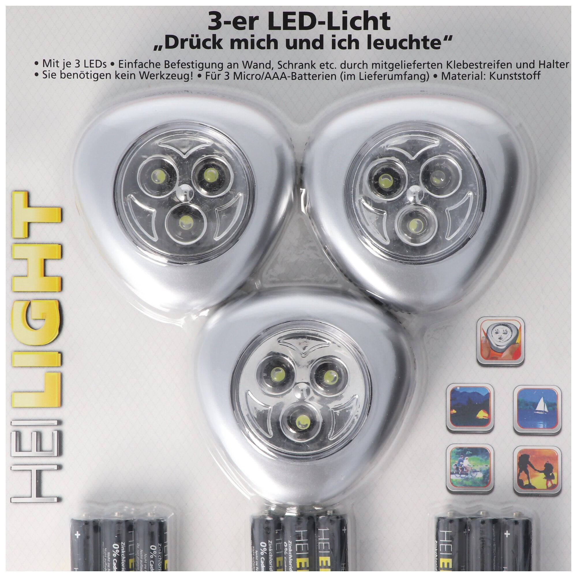 LED light set of 3, press me and I light up, mini LED lights, wireless, batteries included