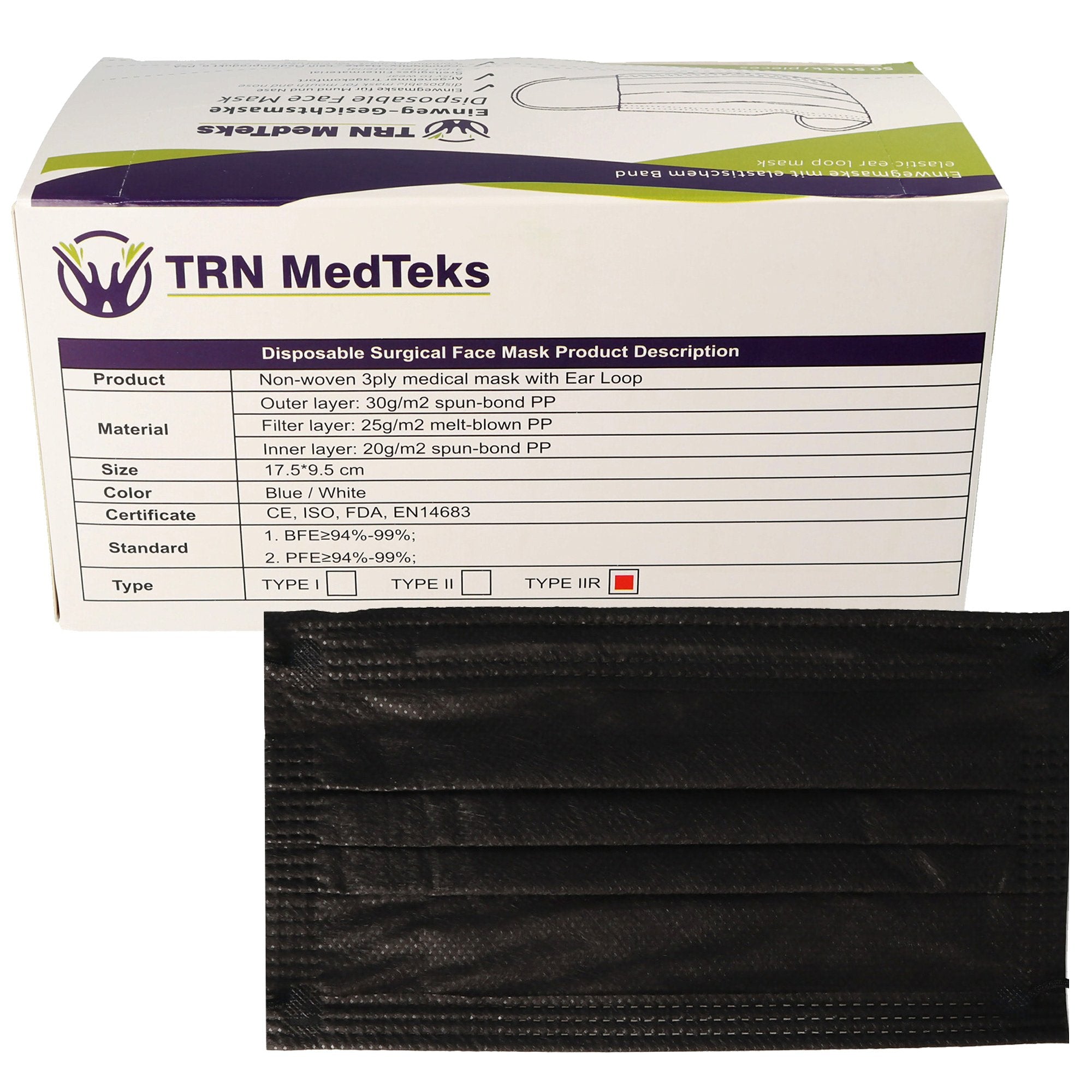 50 pieces medical surgical mask type IIR 3-ply black, certified according to DIN EN 14683: 2019 + AC