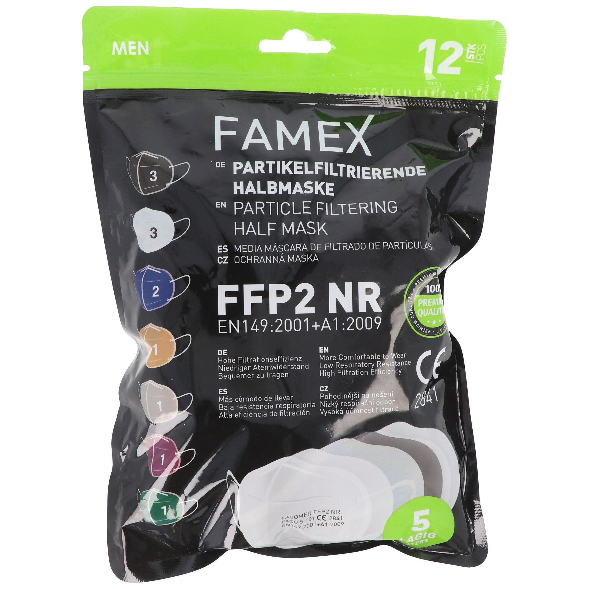 12-pack FFP2 masks multicolored for men 5-ply, certified according to DIN EN149: 2001 + A1: 2009, pa