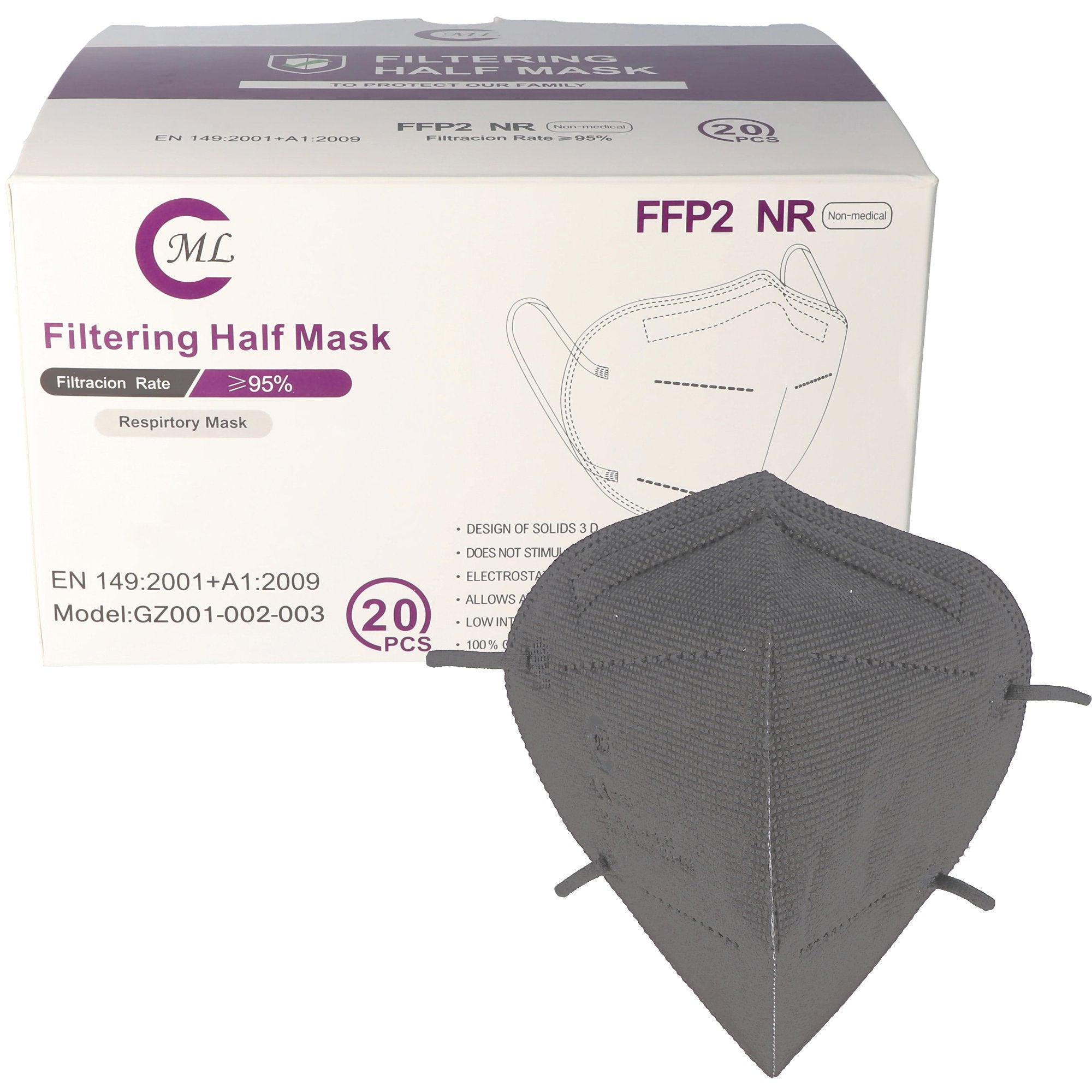 20 pieces FFP2 mask gray 5-layer, certified according to DIN EN149: 2001 + A1: 2009, particle filter