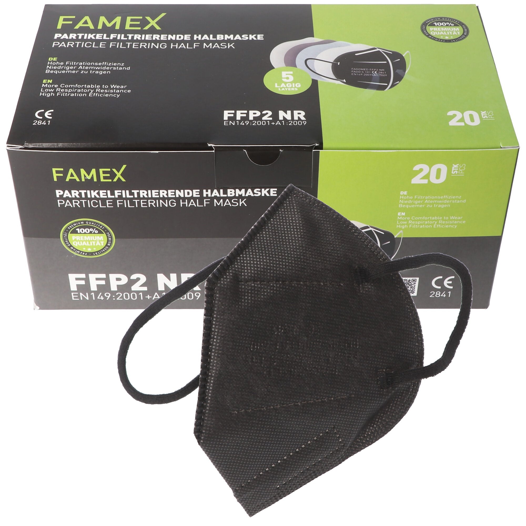 20 pieces FFP2 mask black 5-layer, certified according to DIN EN149: 2001 + A1: 2009, particle filte
