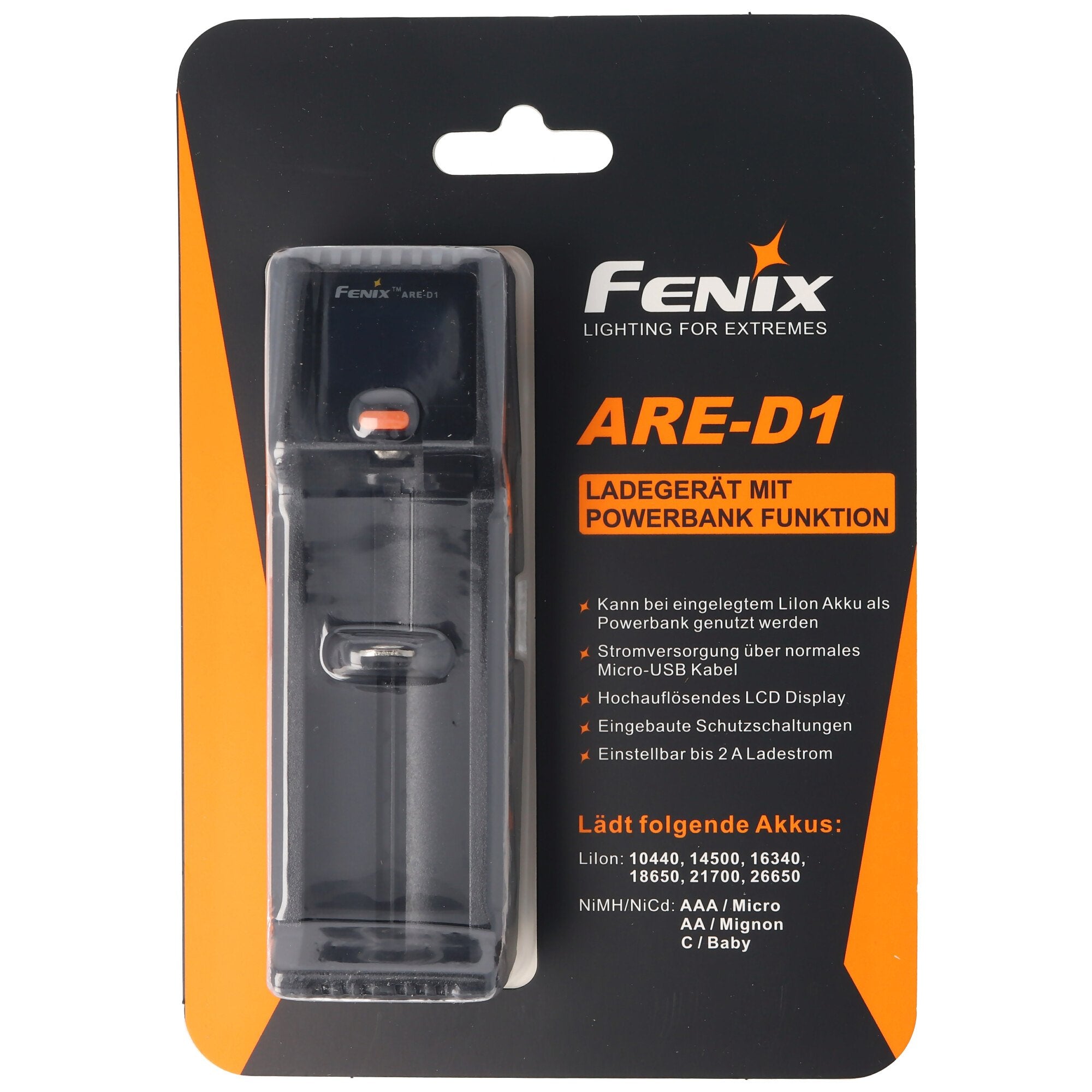 Fenix ARE-D1 single bay charger suitable for 21700, 18650, 26650, 16340, 14500, 10440 Li-Ion, NiMH a