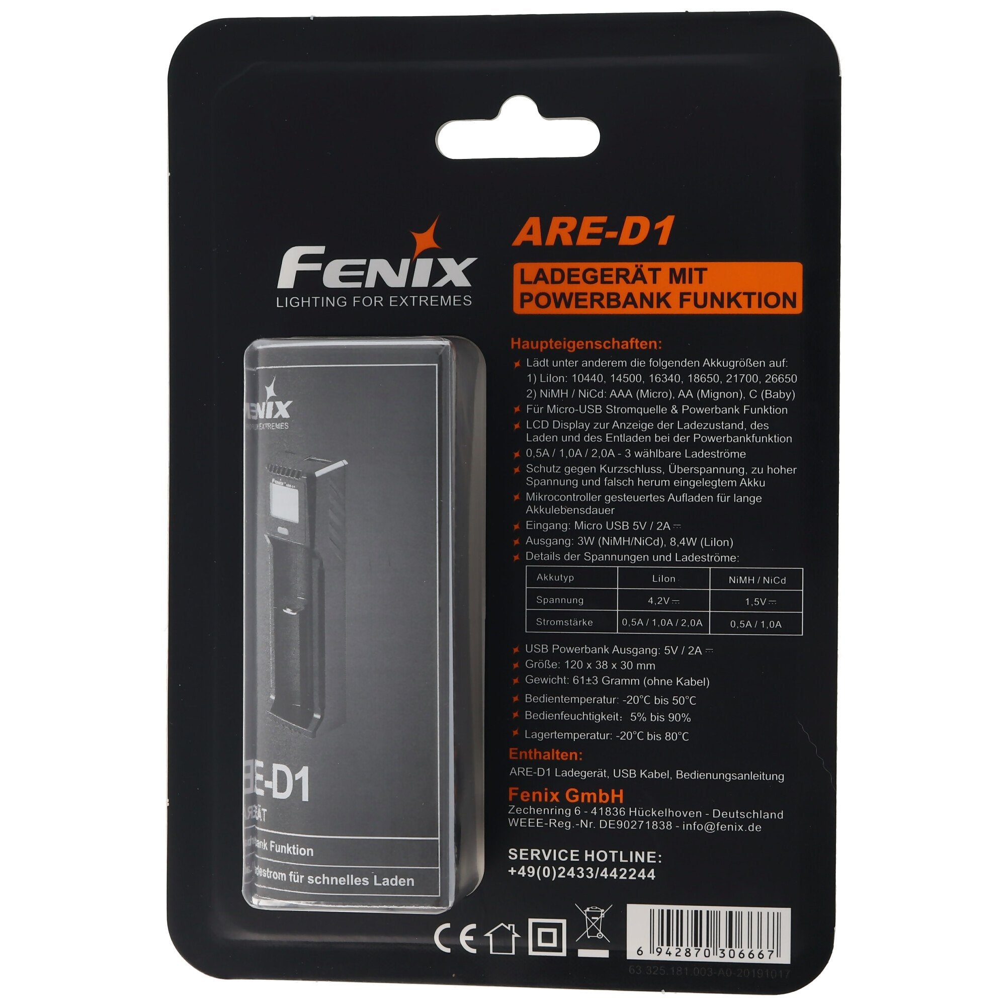 Fenix ARE-D1 single bay charger suitable for 21700, 18650, 26650, 16340, 14500, 10440 Li-Ion, NiMH a