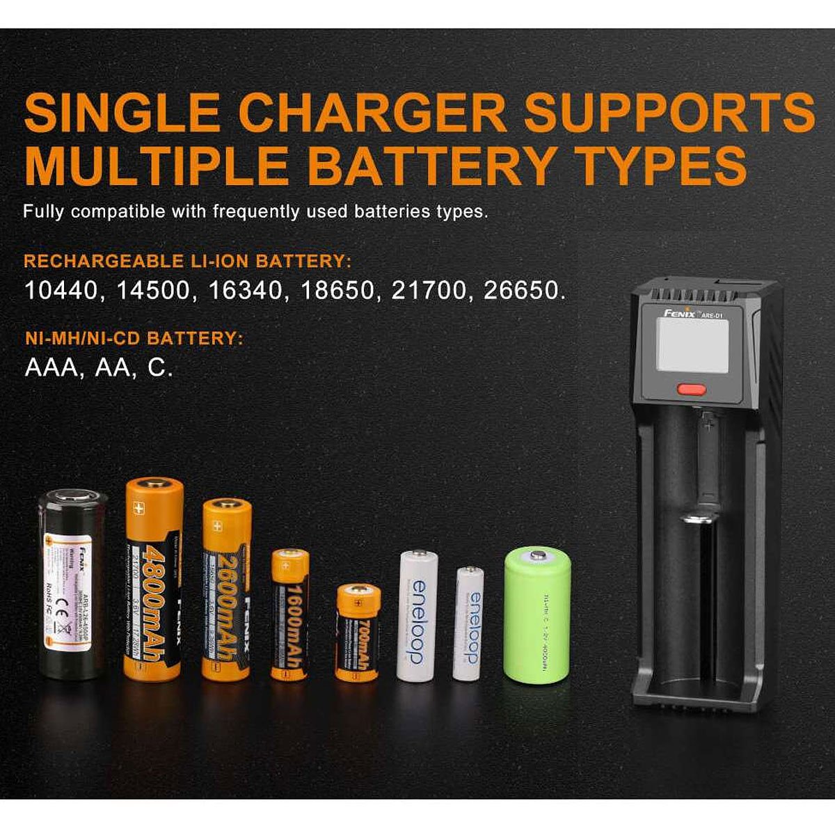 Fenix ARE-D1 single bay charger suitable for 21700, 18650, 26650, 16340, 14500, 10440 Li-Ion, NiMH a