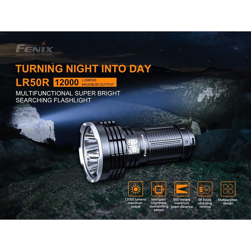 Fenix LR50R LED torch TK75, 12000 lumens, 950 meters range, USB-C charging port, power bank function