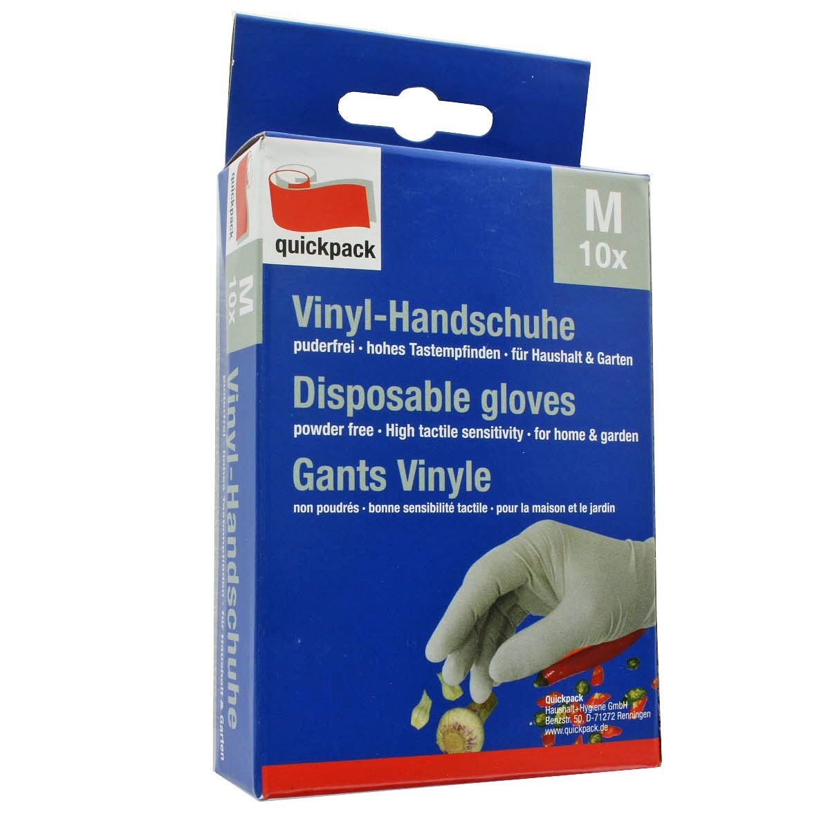 The white vinyl gloves in a pack of 10, size M.
