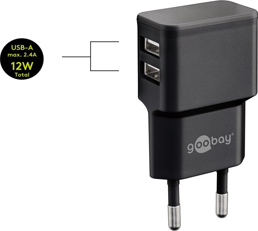 Goobay USB-C™ dual charging set 2.4 A - power supply unit with 2x USB socket and USB Type-C™ 1m cabl