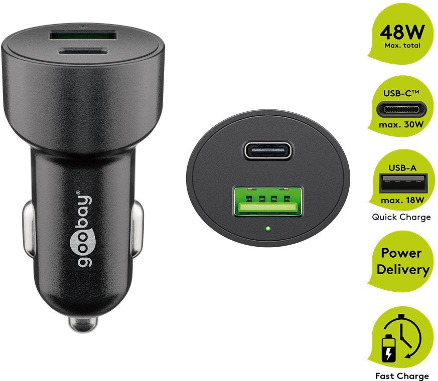 Goobay dual USB car fast charger USB-C™ PD (Power Delivery) - 48W (12/24V) USB-A / USB-C™ suitable f