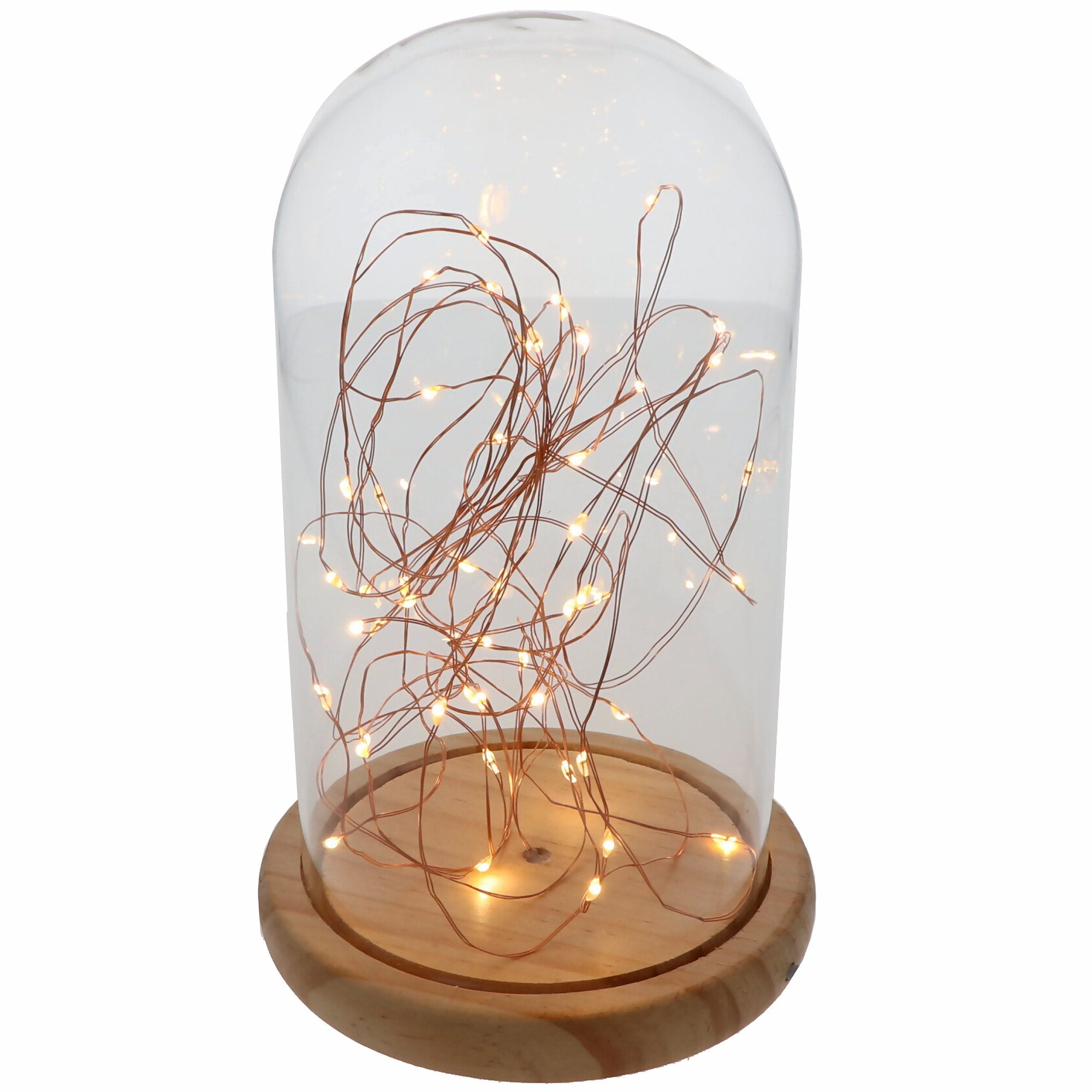 Goobay glazen stolp met LED-microlichtketting - met houten voet, USB-kabel 115 cm, lichtketting 5 m