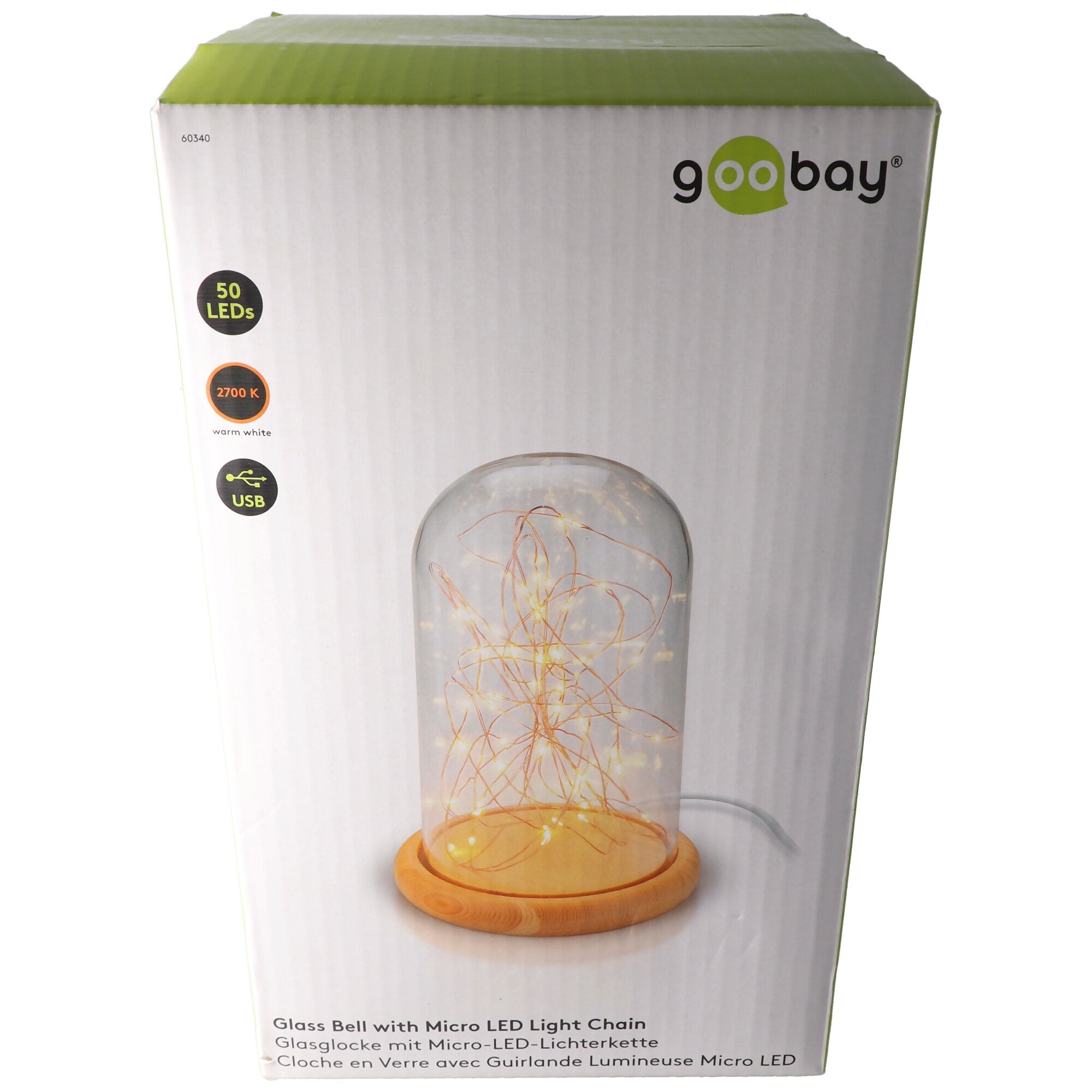 Goobay glass bell with LED micro light chain - with wooden base, USB cable 115 cm, light chain 5 m w