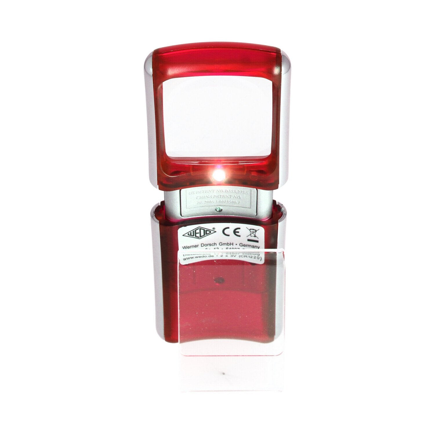 Magnifying glass with LED lighting and 3x magnification, color red, in blister packaging