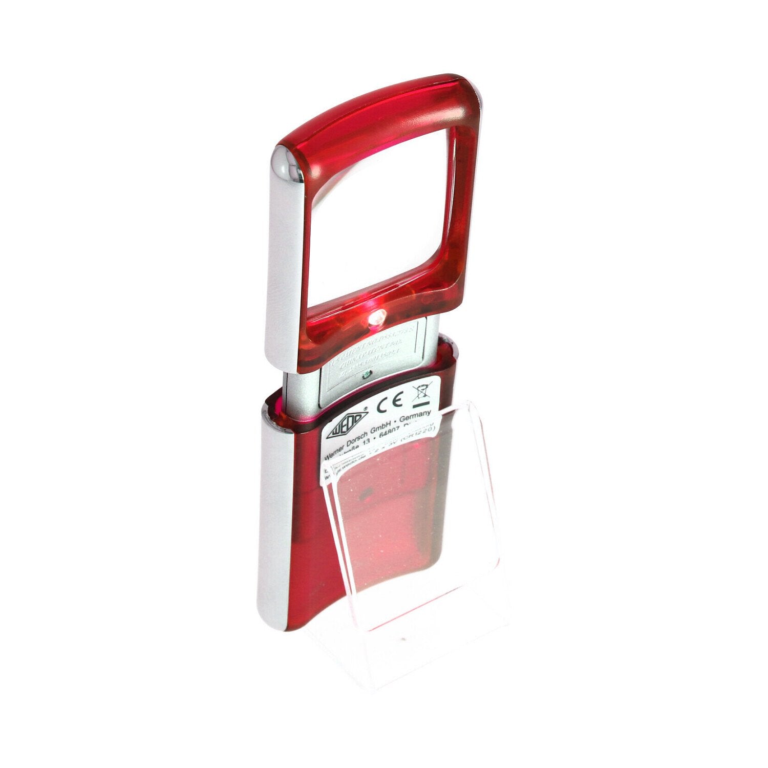 Magnifying glass with LED lighting and 3x magnification, color red, in blister packaging