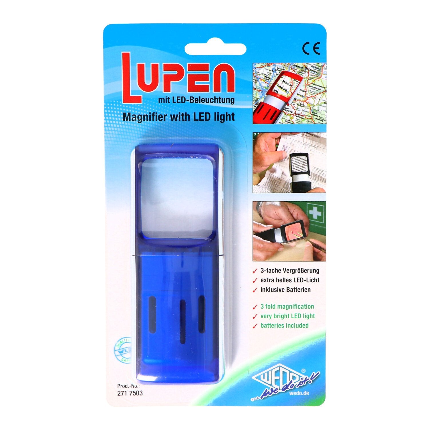 Magnifying glass with LED lighting and 3x magnification, color blue, in blister packaging