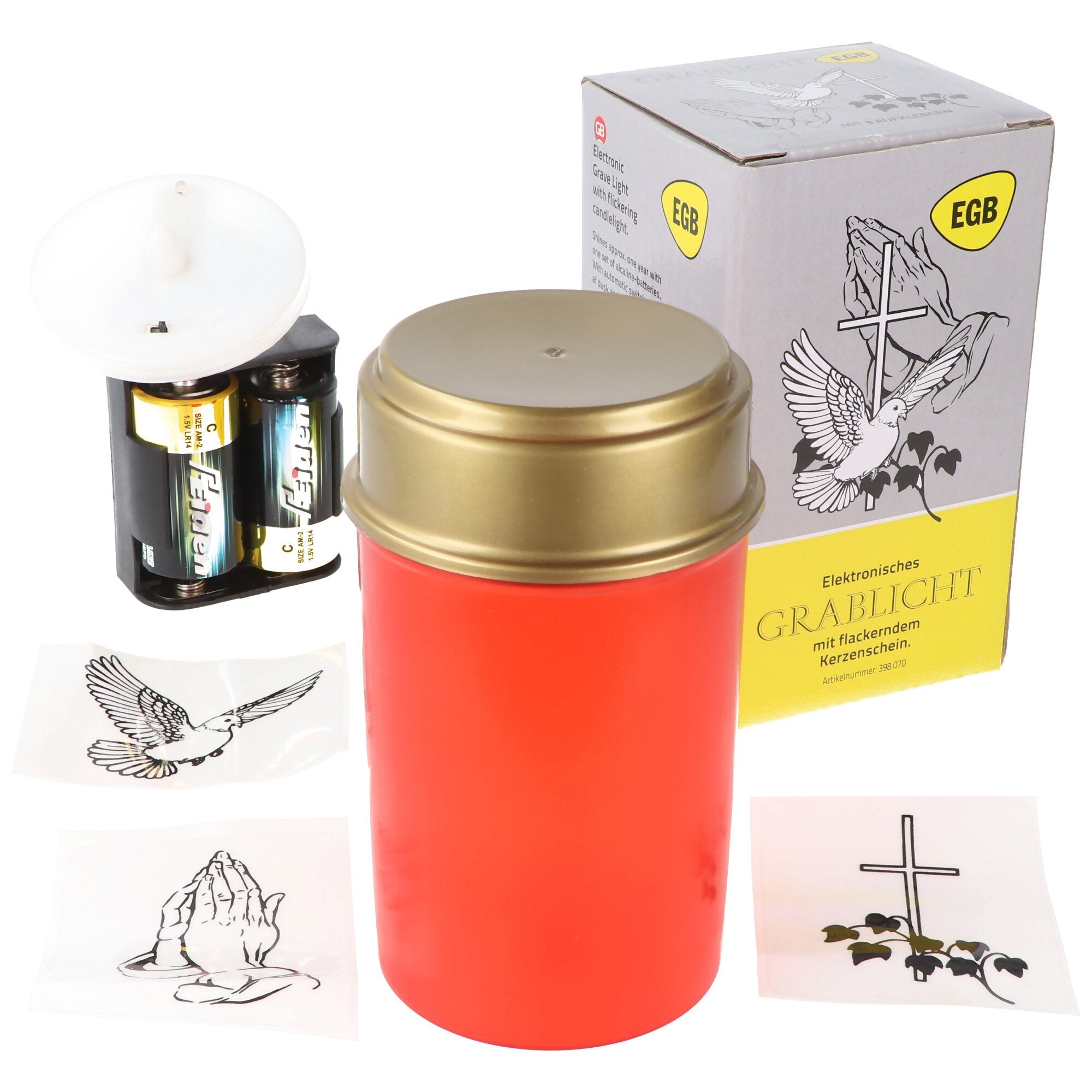 Grave light LED with realistically flickering candlelight, with automatic twilight, long burn time o