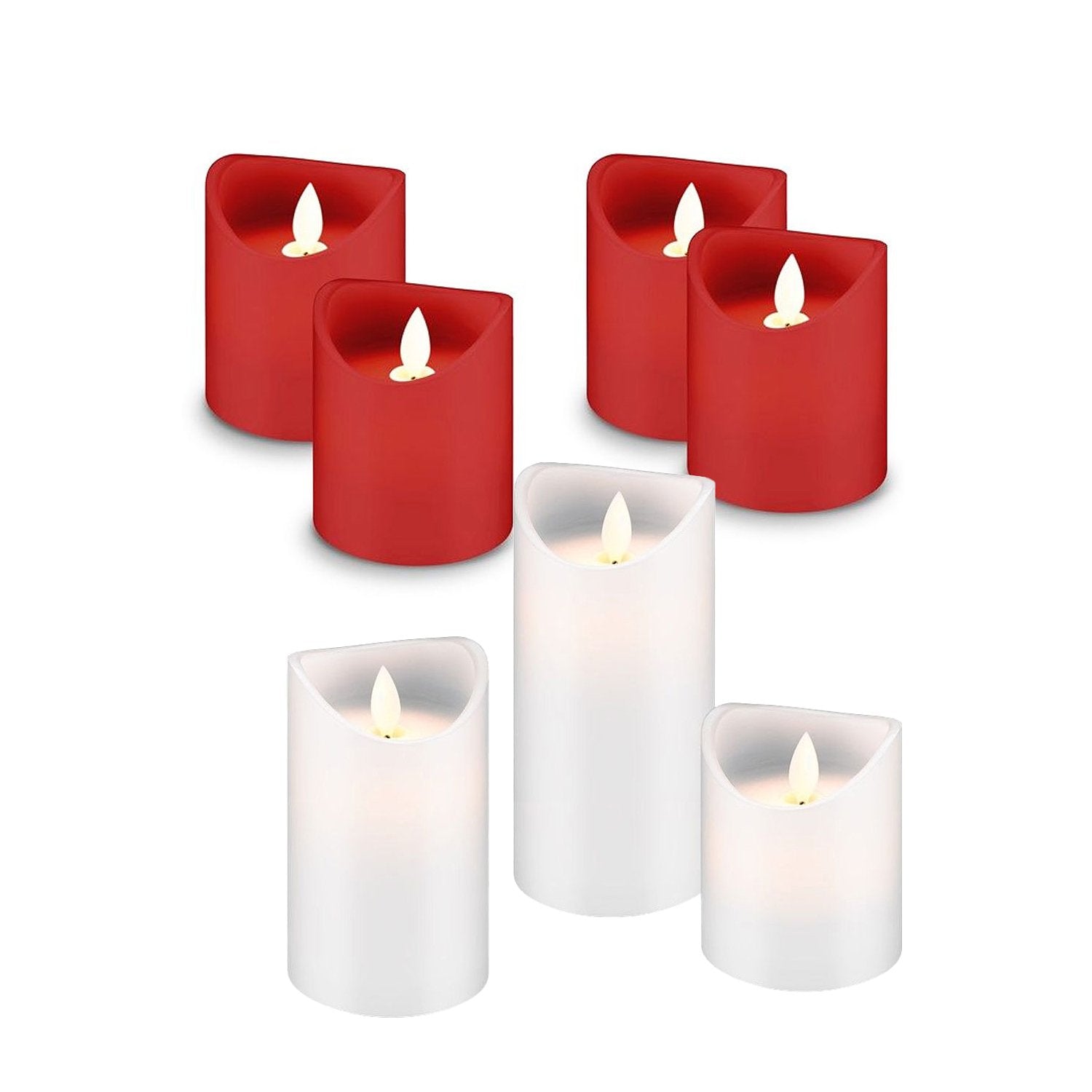 LED real wax candles in an economy set, set of 4 red LED candles and set of 3 white LED candles