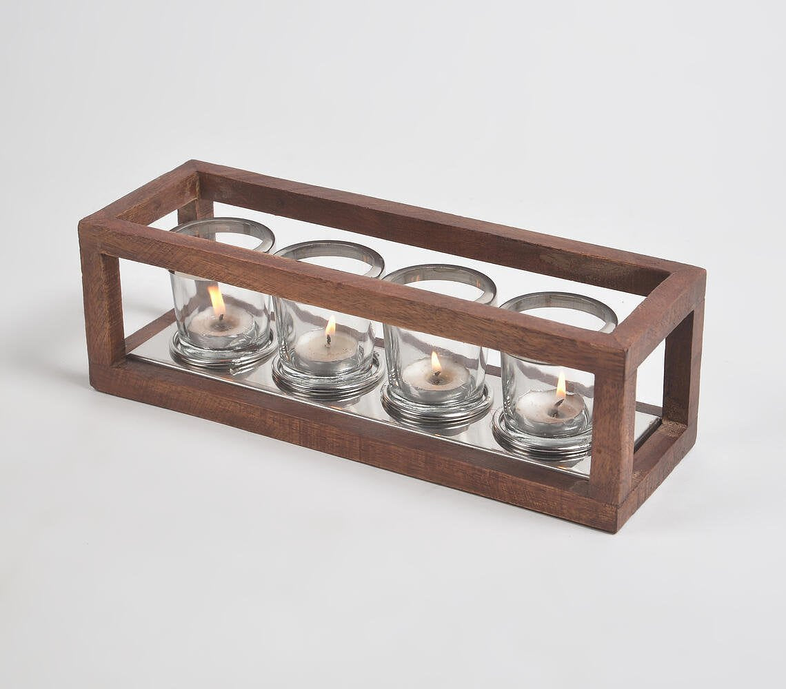 Classic Five Glass Tea Light Holders with Wooden Frame