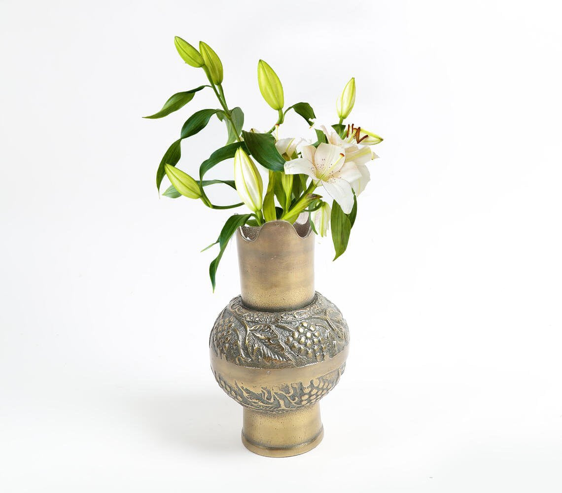 Embossed Gold-Toned Aluminium Botanical Flower Pot