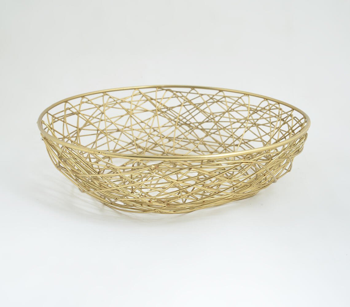 Gold Toned Iron Mesh Wire Fruit Bowl