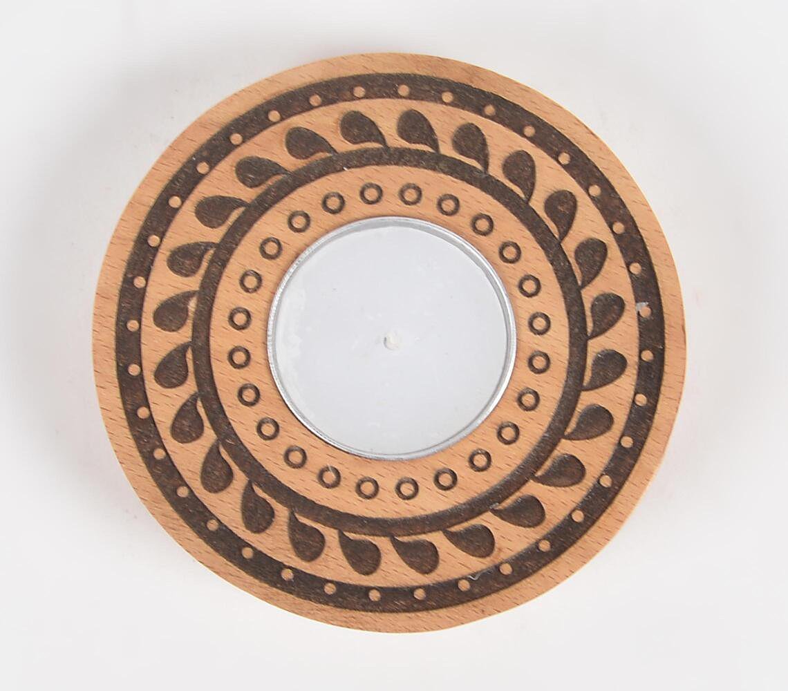 Hand Carved Wooden Mandala Tea light Holder