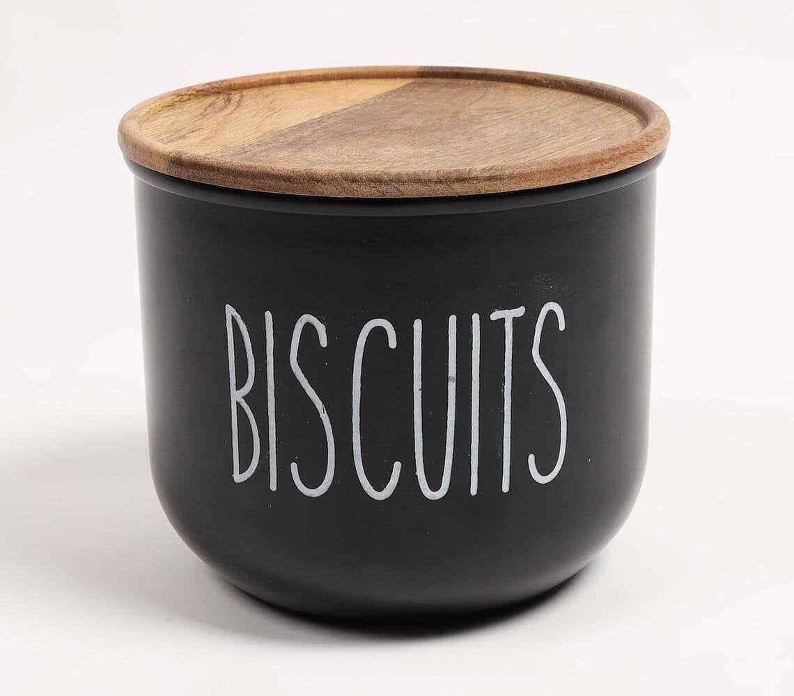 Matte-Black Typographic Metal Canister with Wooden Lid