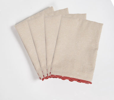 Set of 4 - Solid Taupe Table Napkins with Scarlet Scallop Edges