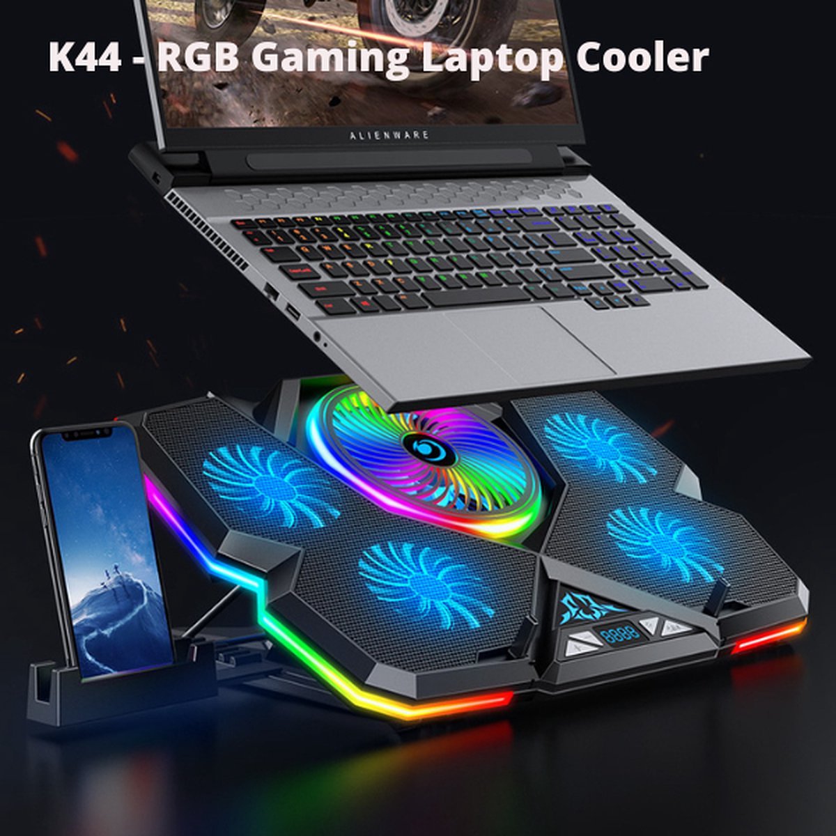 CoolCold Laptop Koeler + Telefoonhouder - K44 - "17 Inch
