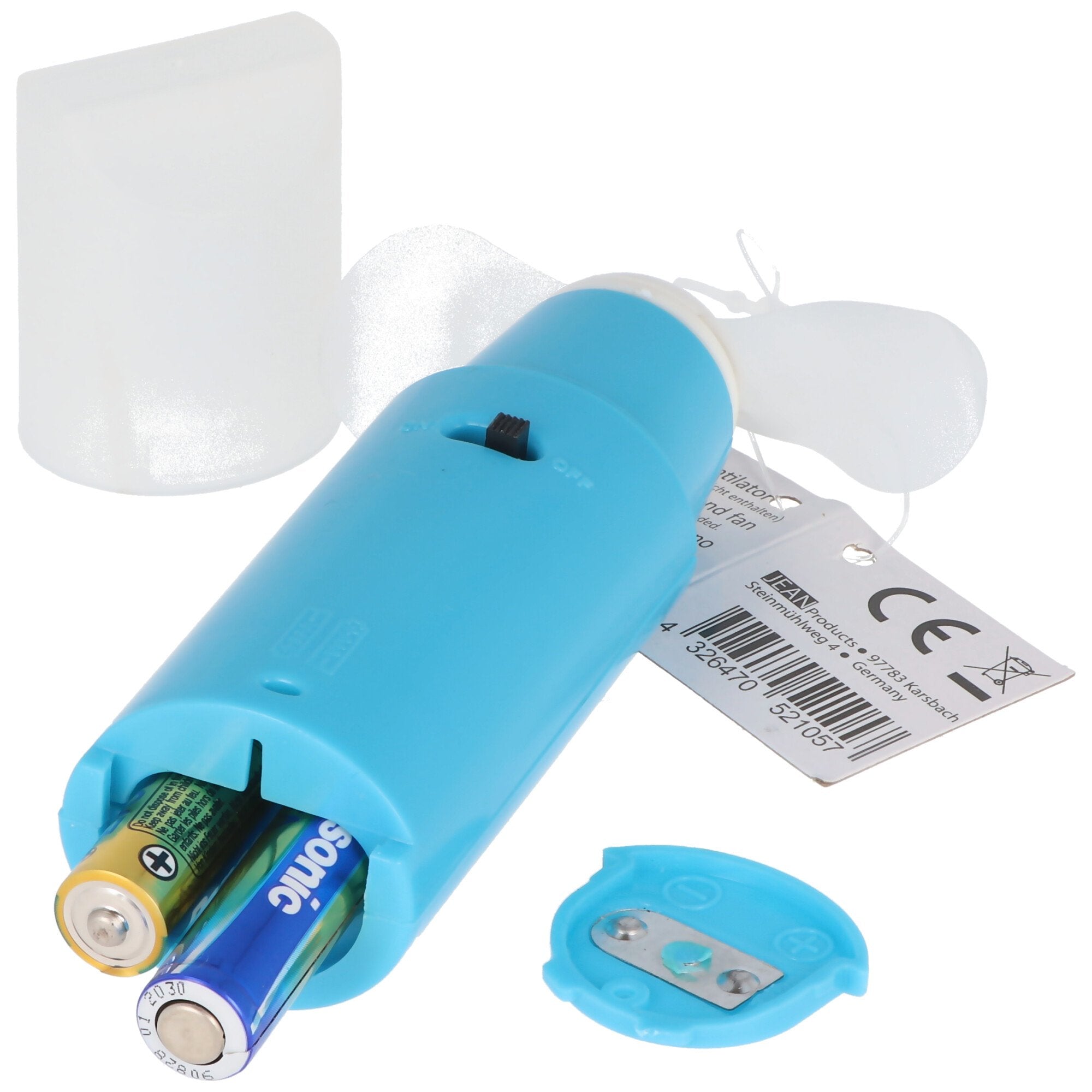 Mini fan with lid, hand fan, sorted by colour, including 2x micro AAA batteries