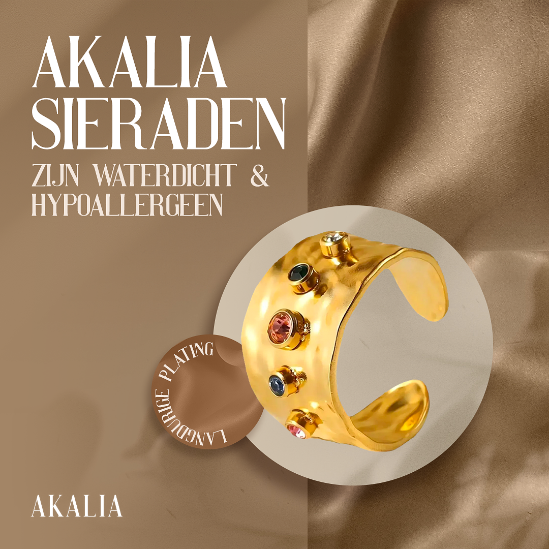 Akalia Cleo - 18 Carat Gold Plated Ring with Zirconia Stone - Adjustable ring for Ladies - Gold