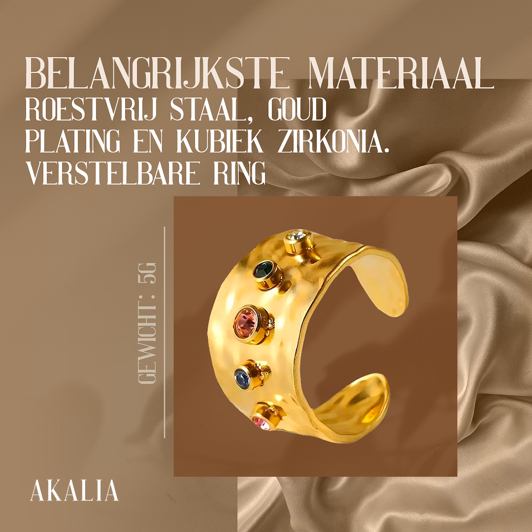 Akalia Cleo - 18 Carat Gold Plated Ring with Zirconia Stone - Adjustable ring for Ladies - Gold