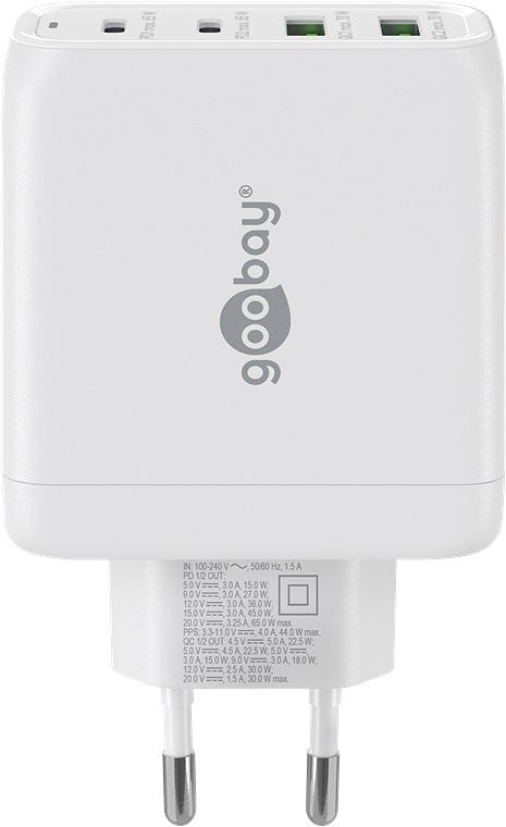Goobay USB-C™ PD multiport snellader (68 W) wit - 2x USB-C™ poorten (Power Delivery) en 2x USB-A poo