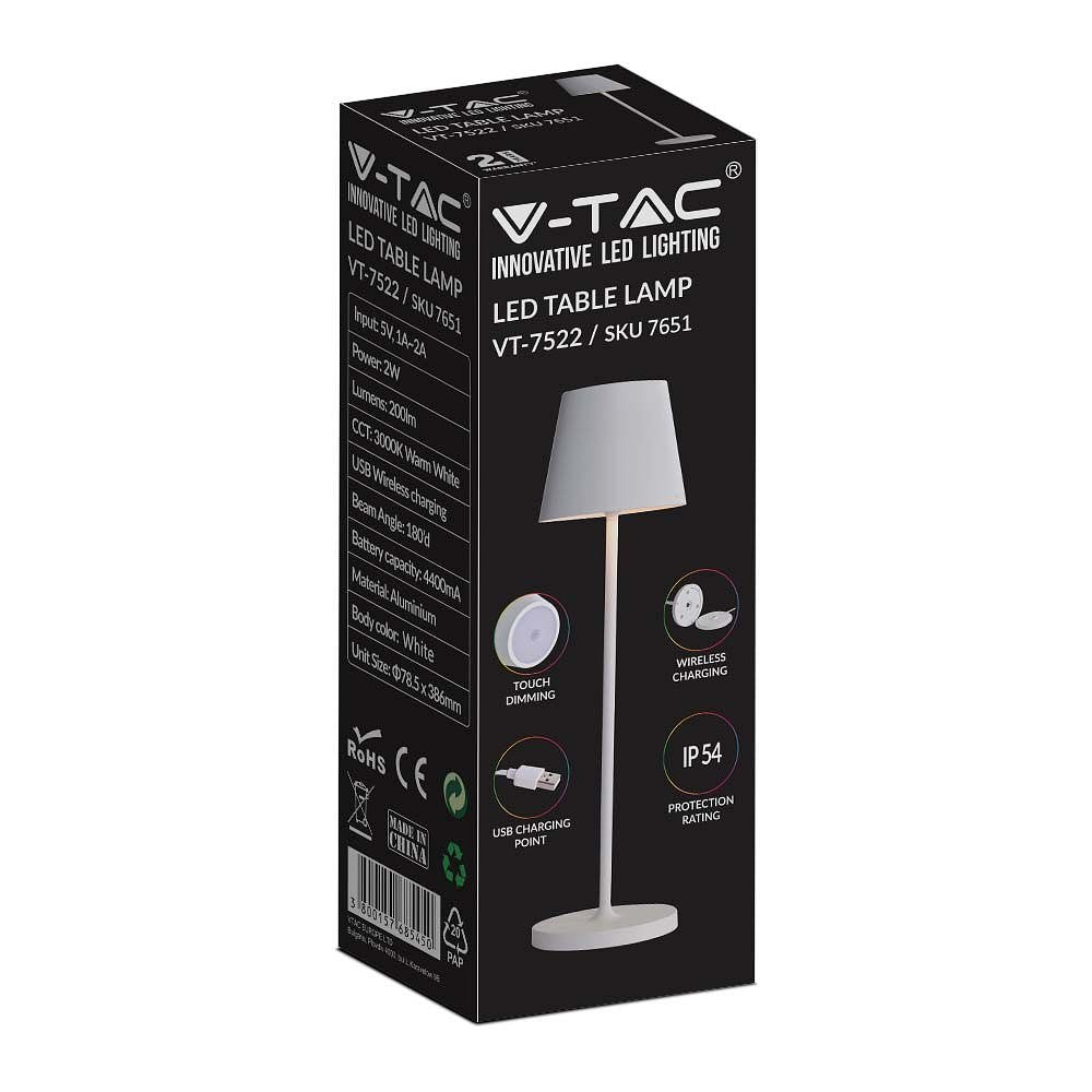 V-TAC VT-7522-W Wireless Charging Table Lamps - IP54 - 2W - 200 Lumens - 3000K